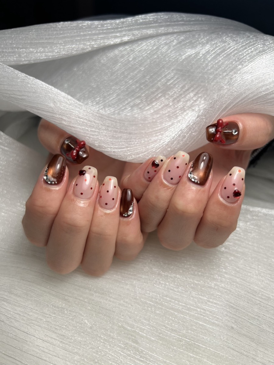 ドット × リボン × ブラウン